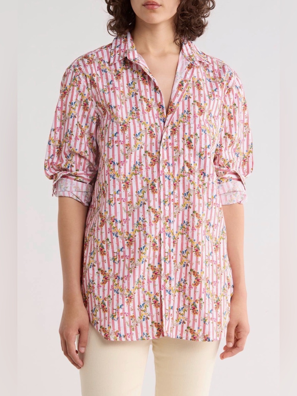 Frank & Eileen Joedy Red Mini Stripe Floral Italian Cotton Boyfriend Shirt M
